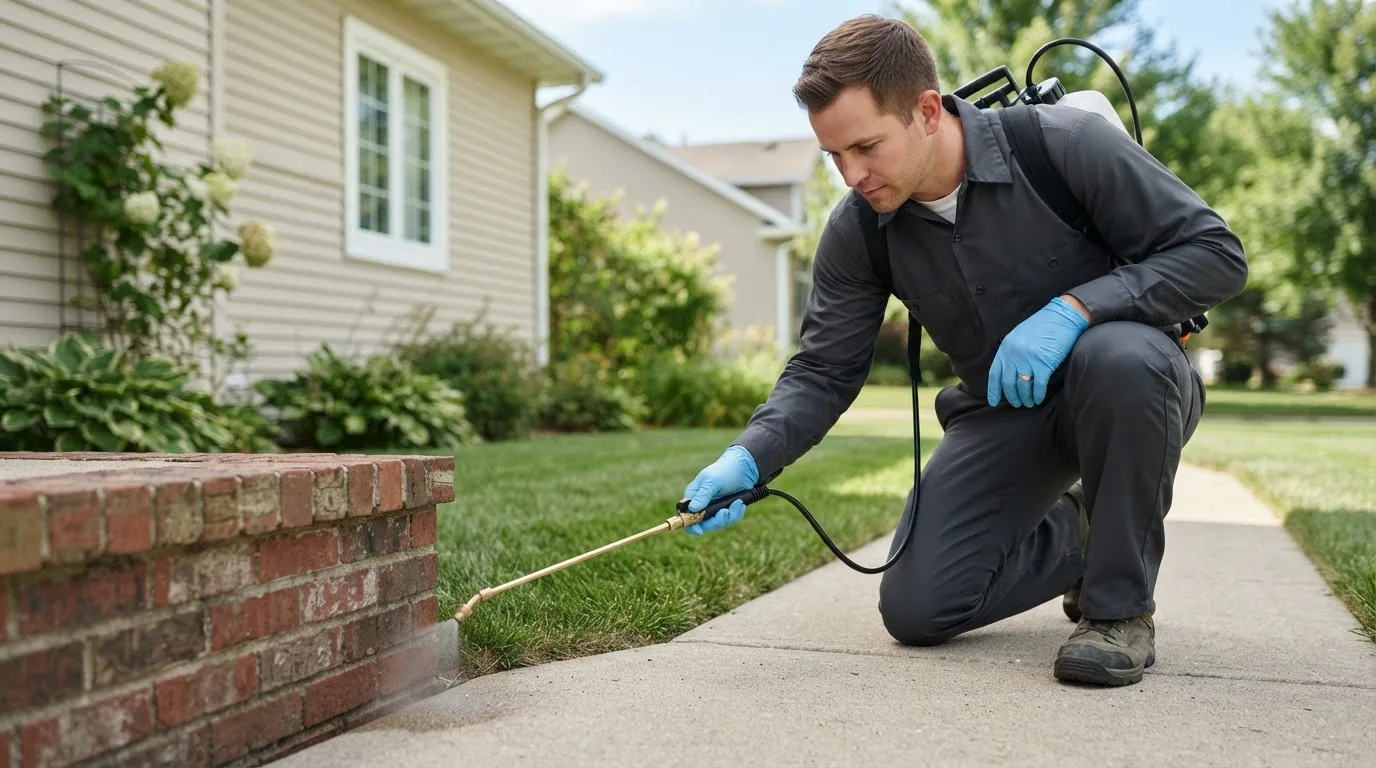 Pest control technician treating a home near Conrath, WI