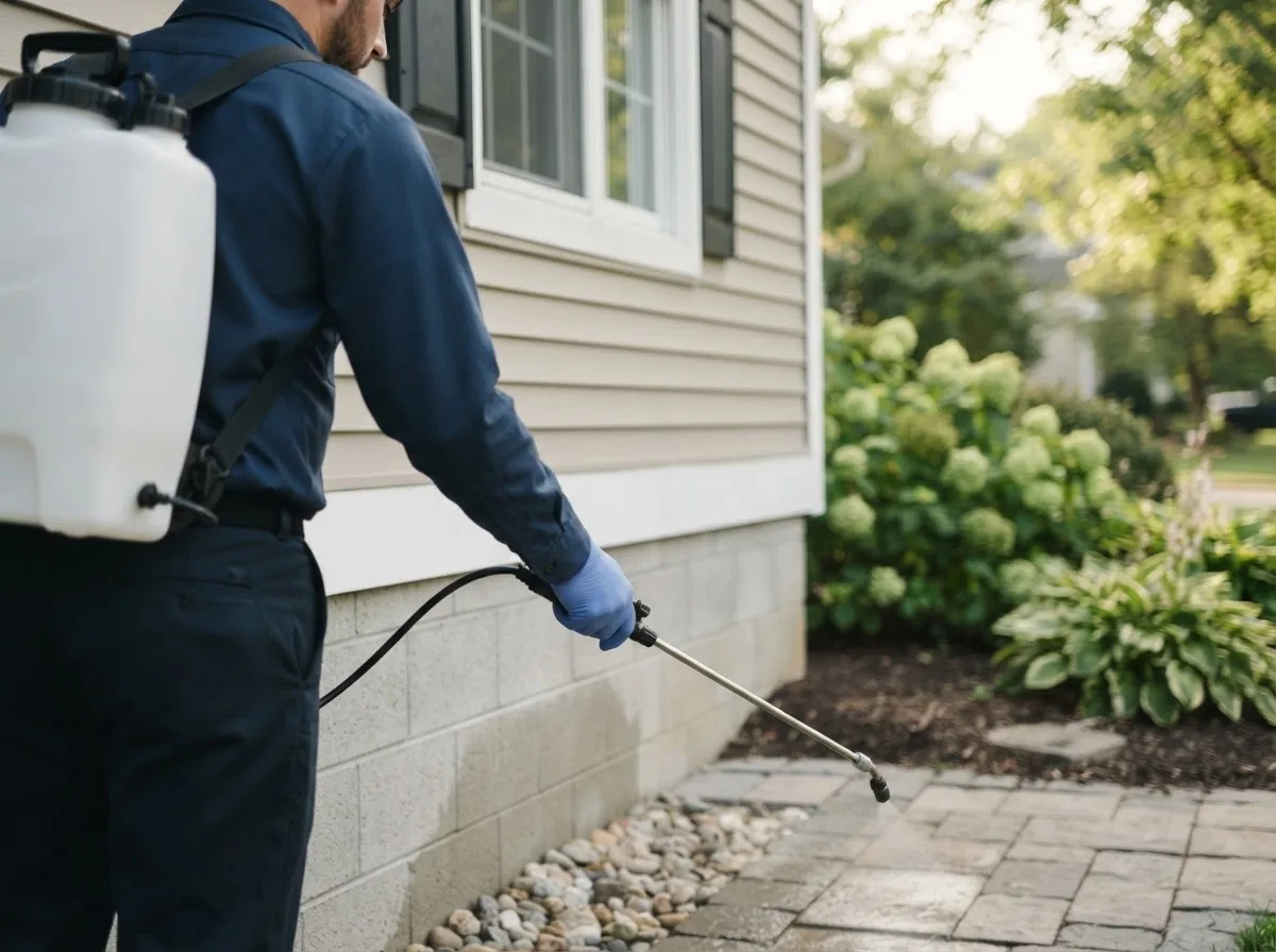 Pest control technician inspecting a home in Conrath, WI